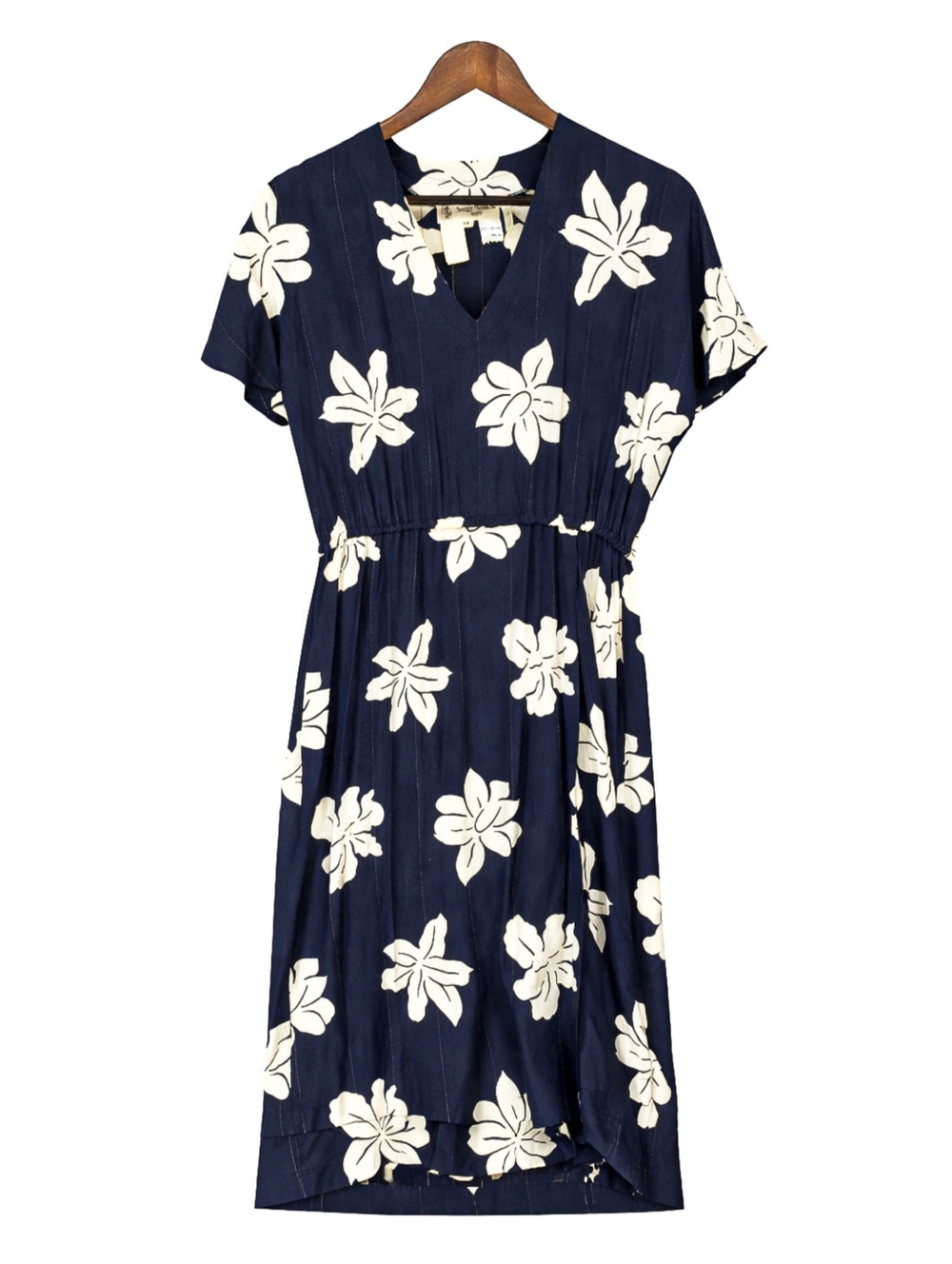 Vintage 70s Hawaiian Floral Midi Dress Viscose Elastic Waist Resort Size 38 US M